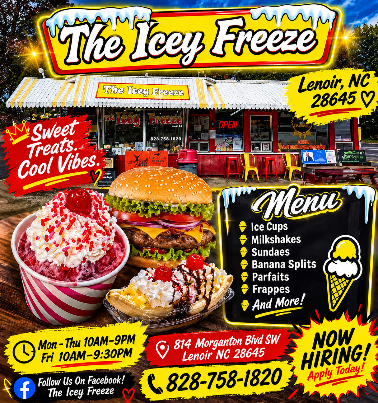 The Icey Freeze promotional poster with storefront, burger, frozen treats, hours and hiring information