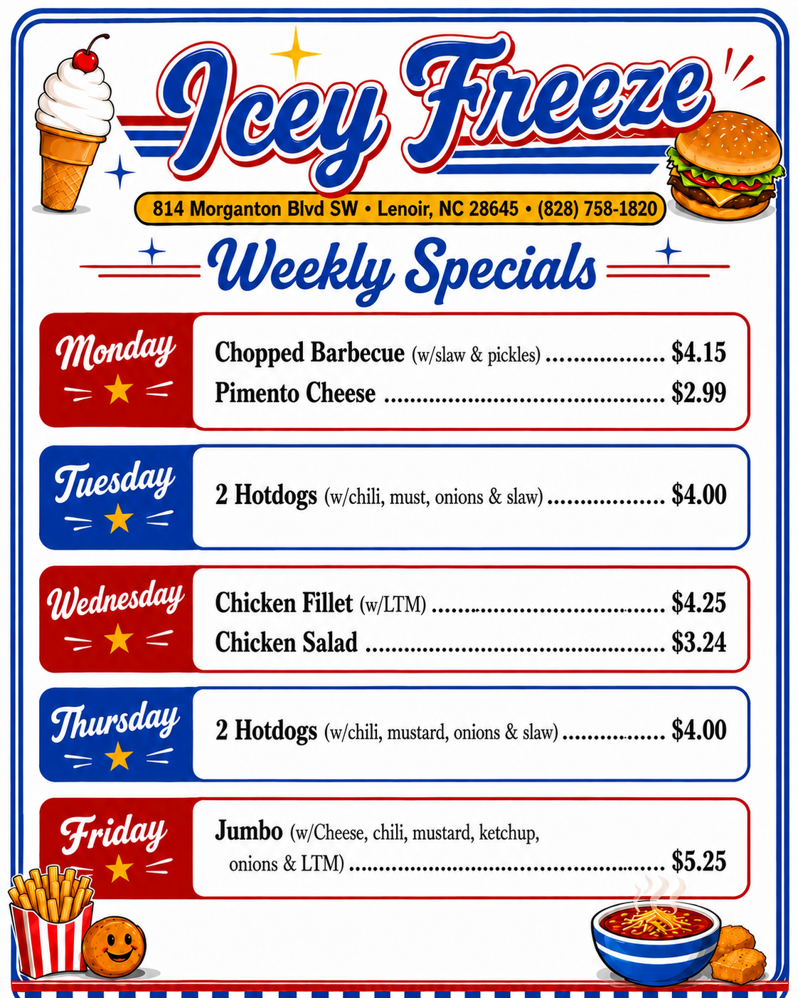 Icey Freeze weekly specials menu
